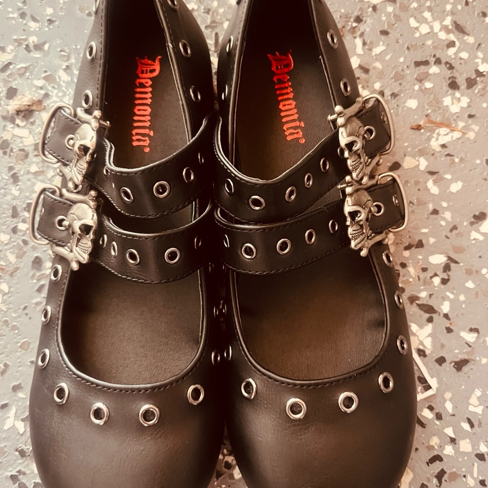 Demonia Black Dress Shoes with Skull Accents